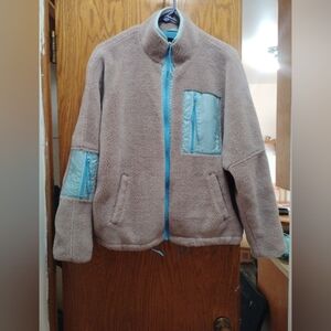 Urban Outfitters Taupe & Blue Sherpa Teddy Fleece Full-Zip Jacket | Size M